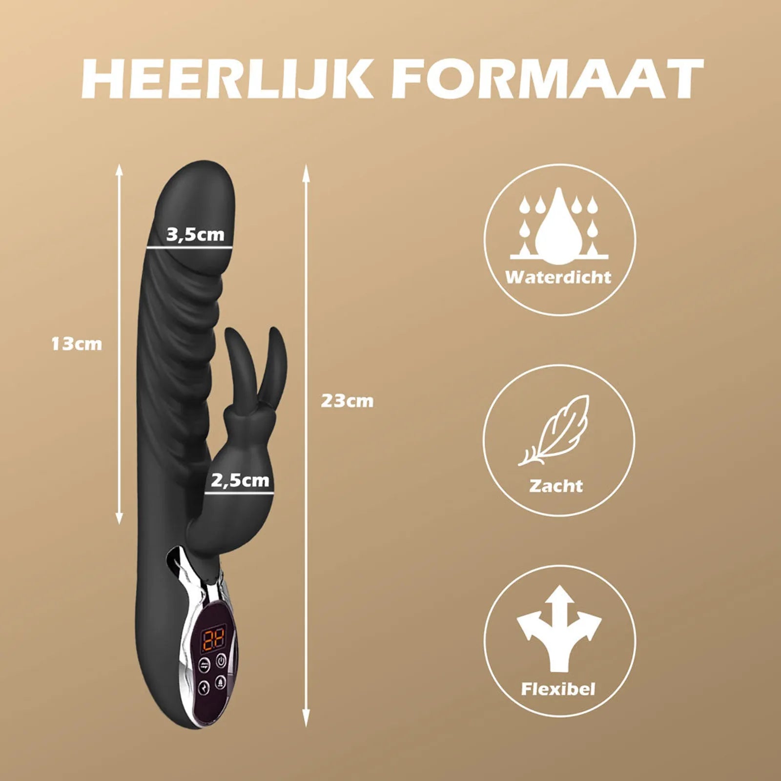 Afmetingen verwarmde vibrator en kenmerken: waterdicht, zacht en flexibel